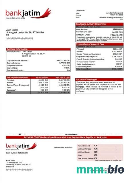 Indonezja Bank Jatim wyciąg z kredytu hipotecznego szablon Word i PDF